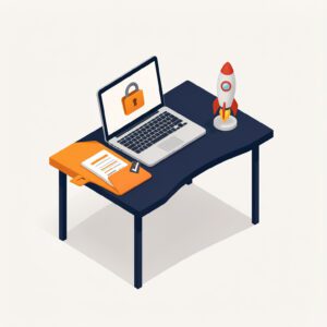 Skrivbord med dator och hänglås. Illustration av Integritetspolicy